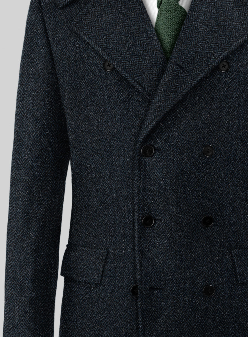 Harris Tweed Dark Blue Herringbone GQ Overcoat - StudioSuits