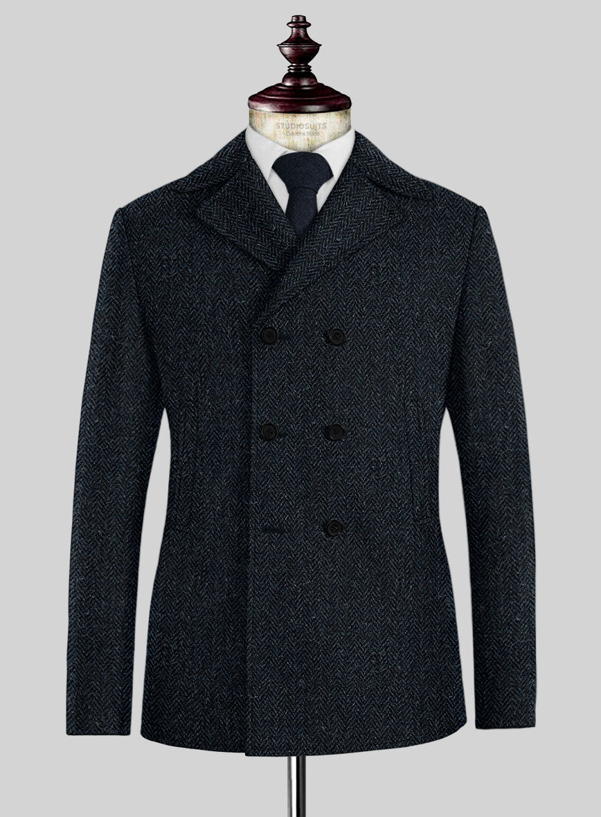 Harris Tweed Dark Blue Herringbone Pea Coat - StudioSuits
