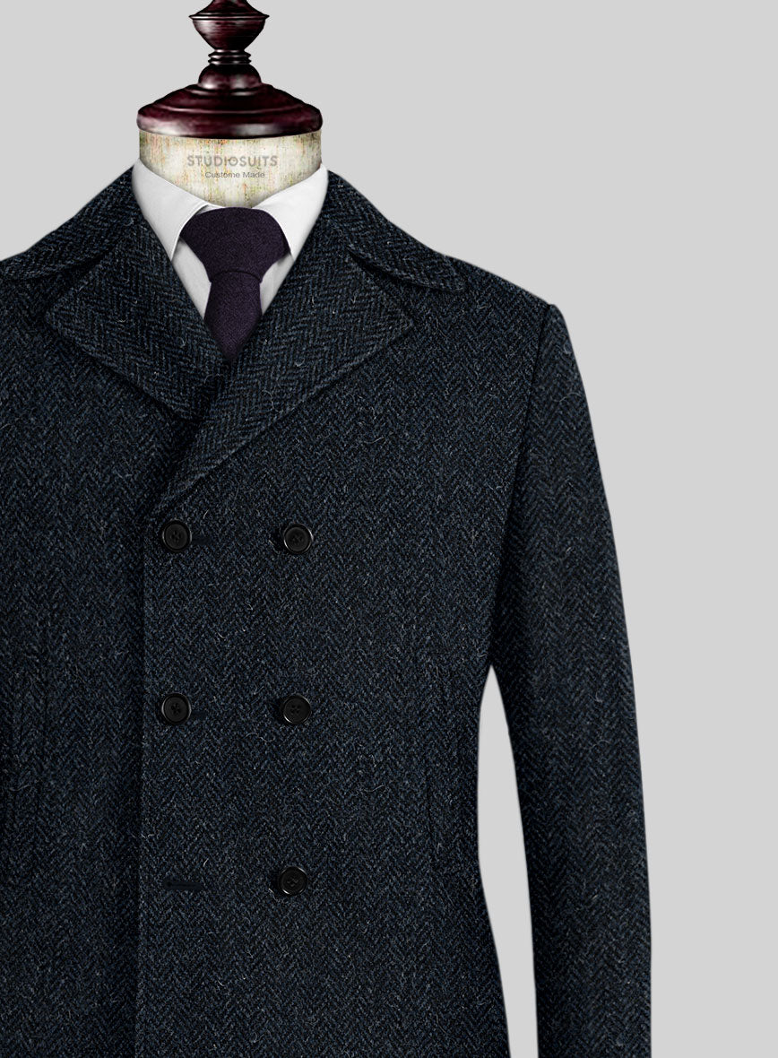 Harris Tweed Dark Blue Herringbone Pea Coat - StudioSuits