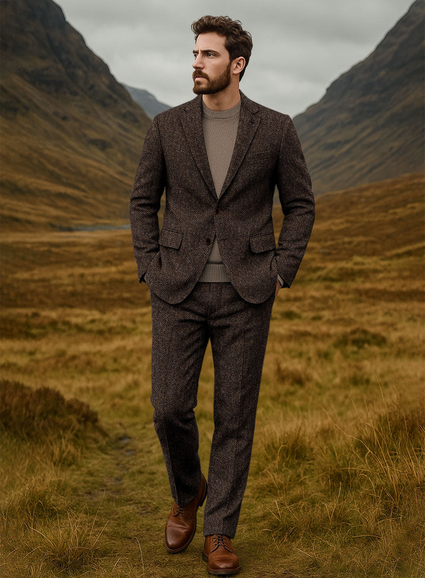 Harris Tweed Dark Brown Herringbone Suit - StudioSuits
