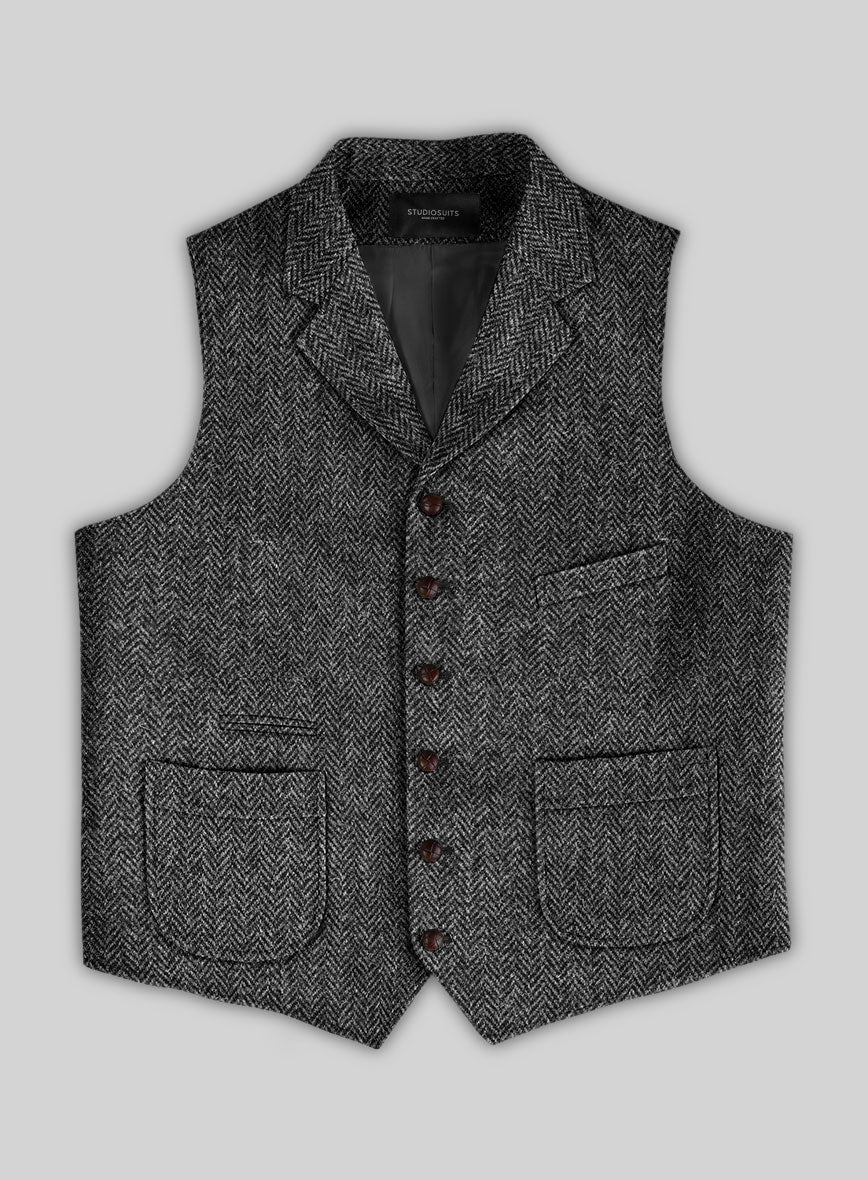 Harris Tweed Dark Gray Herringbone Hunting Vest - StudioSuits