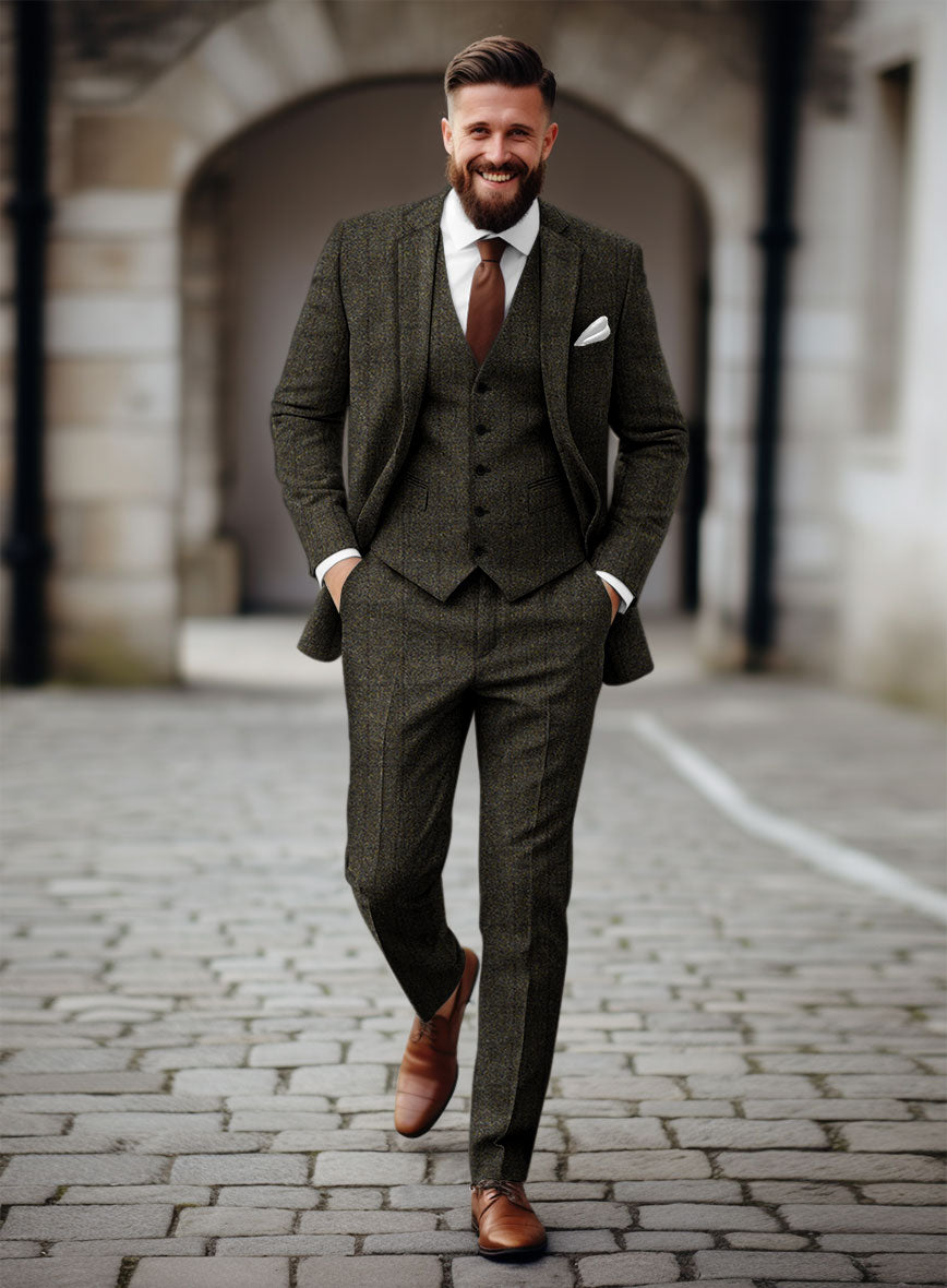 3 Piece Men's Suit Olive Green Tweed Plaid Prom Vintage Tuxedos Wedding 3 Piece Men's Suit Olive Green Tweed Plaid Prom Vintage Tuxedos Wedding