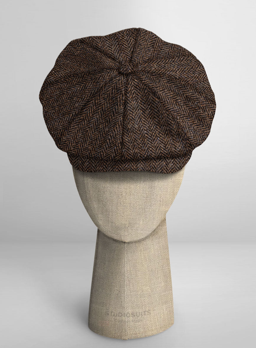 Harris Tweed Dark Brown Herringbone Newsboy Cap - StudioSuits