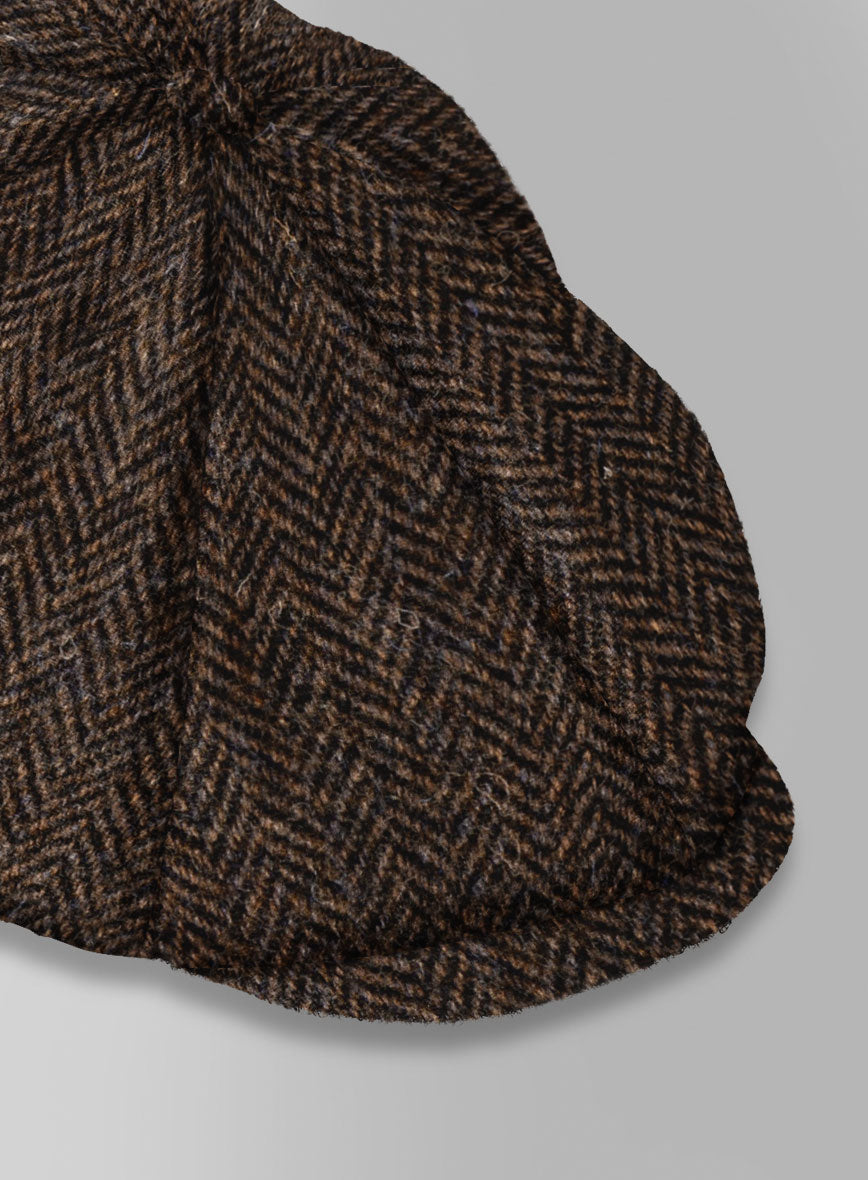 Harris Tweed Dark Brown Herringbone Newsboy Cap - StudioSuits