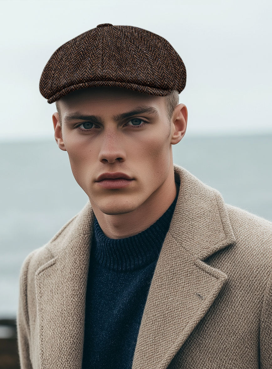 Harris Tweed Dark Brown Herringbone Newsboy Cap - StudioSuits