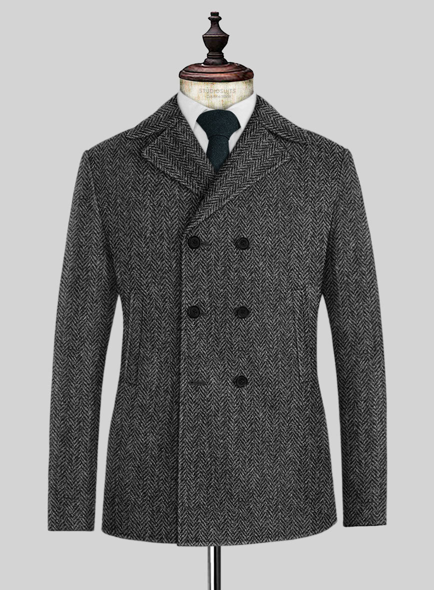 Harris Tweed Dark Gray Herringbone Pea Coat - StudioSuits