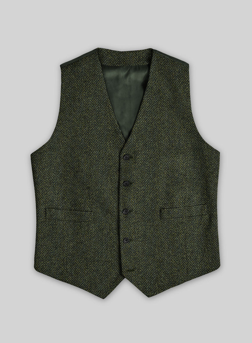 Harris Tweed Forest Green Herringbone Waist Coat - StudioSuits