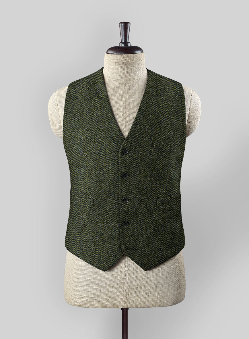 Harris Tweed Forest Green Herringbone Waist Coat - StudioSuits