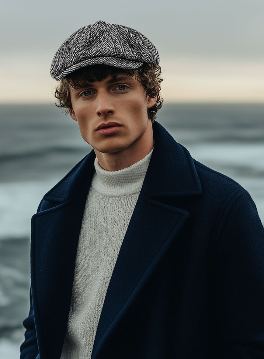 Harris Tweed Gray Herringbone Newsboy Cap - StudioSuits