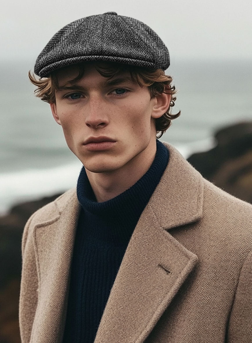 Harris Tweed Dark Gray Herringbone Newsboy Cap - StudioSuits