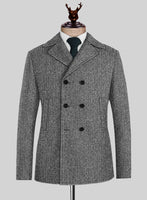 Harris Tweed Gray Herringbone Pea Coat - StudioSuits