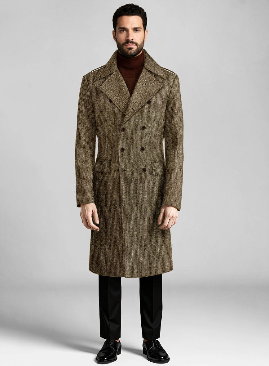 Harris Tweed Hebridean Brown Herringbone GQ Overcoat - StudioSuits