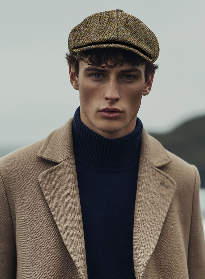 Harris Tweed Hebridean Brown Herringbone Newsboy Cap - StudioSuits