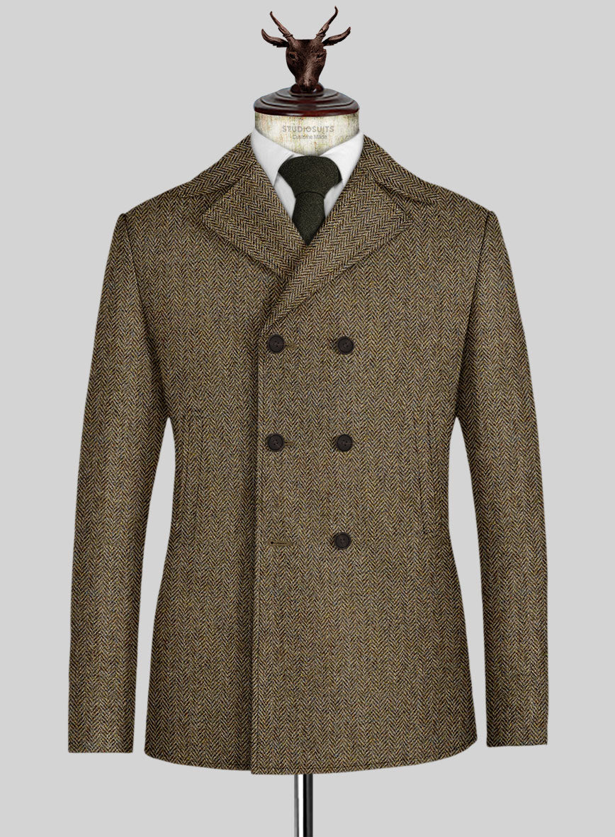 Harris Tweed Hebridean Brown Herringbone Pea Coat - StudioSuits