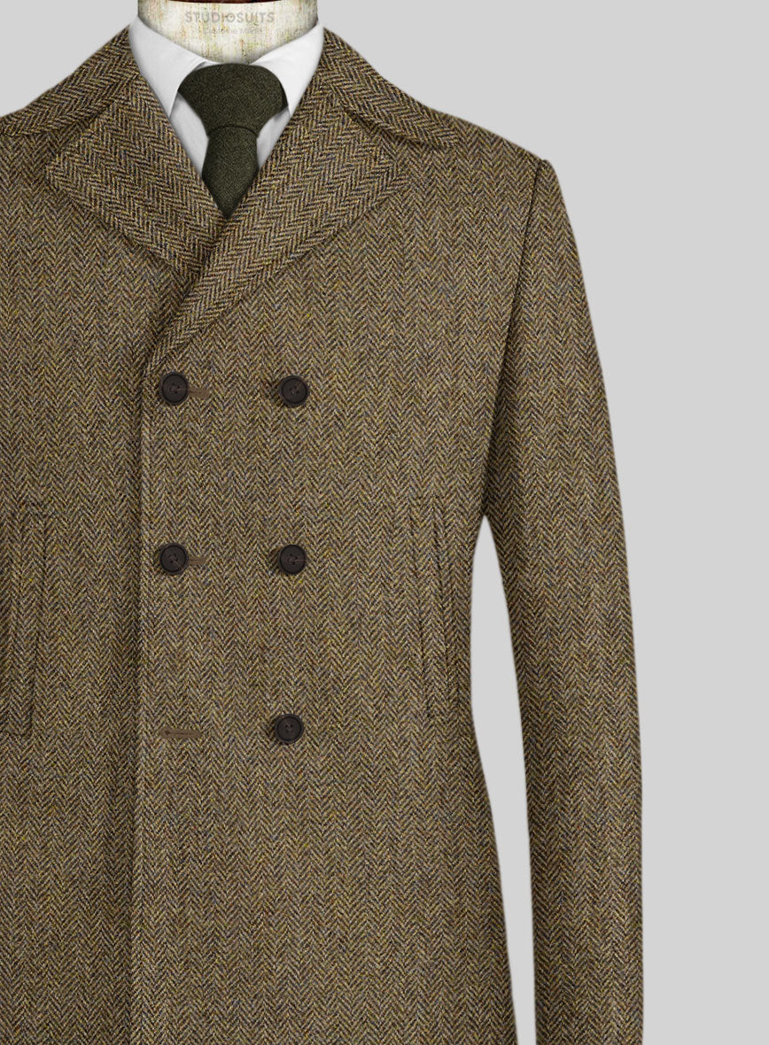 Harris Tweed Hebridean Brown Herringbone Pea Coat - StudioSuits