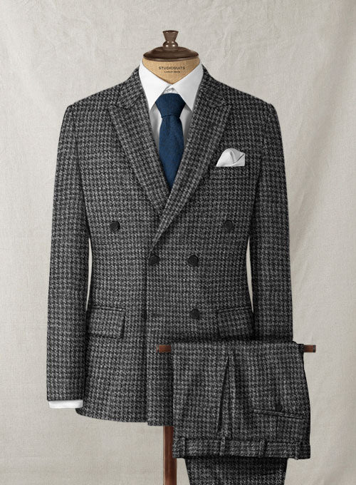 Harris Tweed Houndstooth Dark Gray Double Breasted Suit - StudioSuits