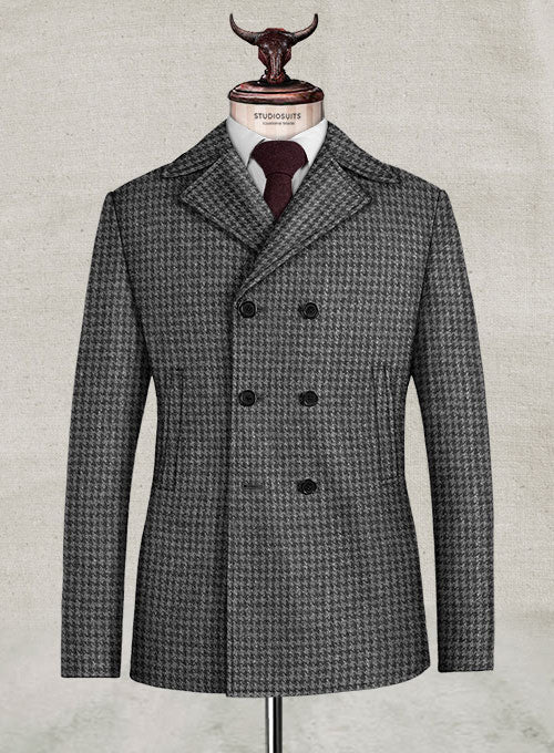 Harris Tweed Houndstooth Dark Gray Pea Coat - StudioSuits