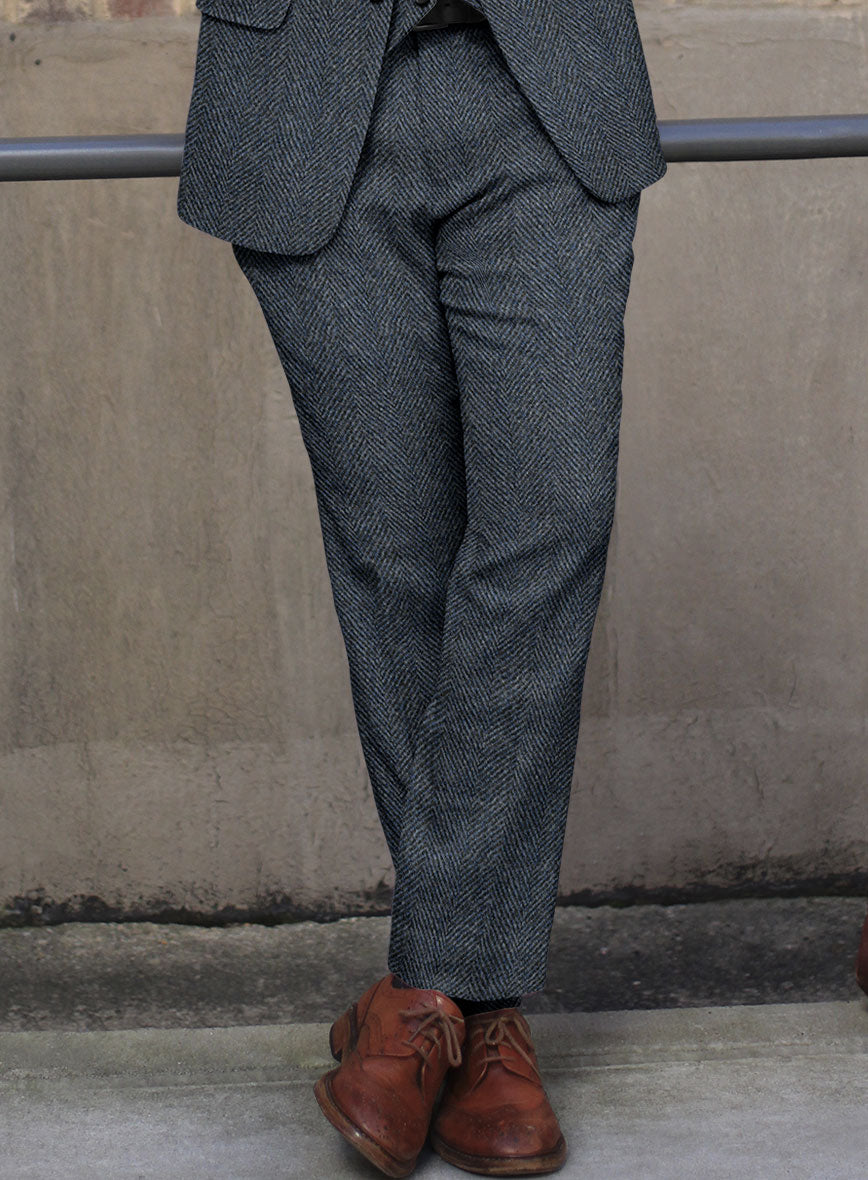 Harris Tweed Wide Herringbone Blue Pants - StudioSuits