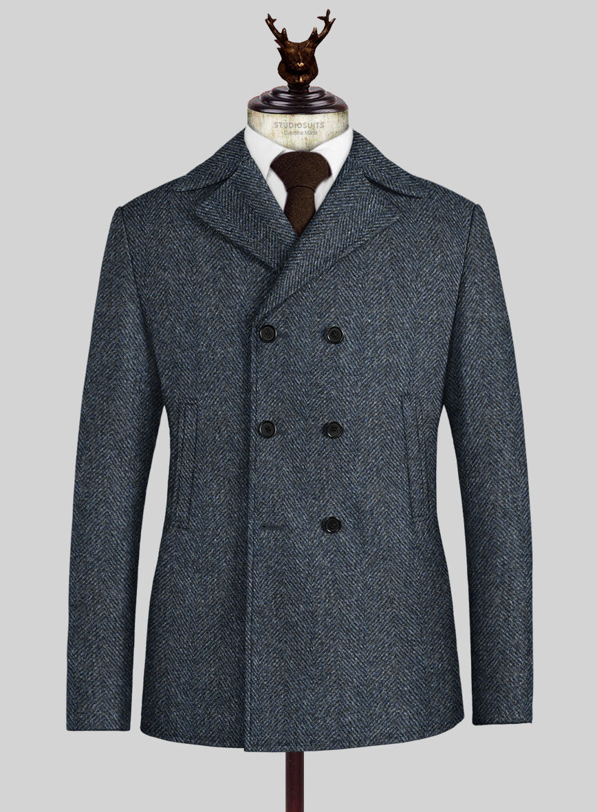 Harris Tweed Wide Herringbone Blue Pea Coat - StudioSuits