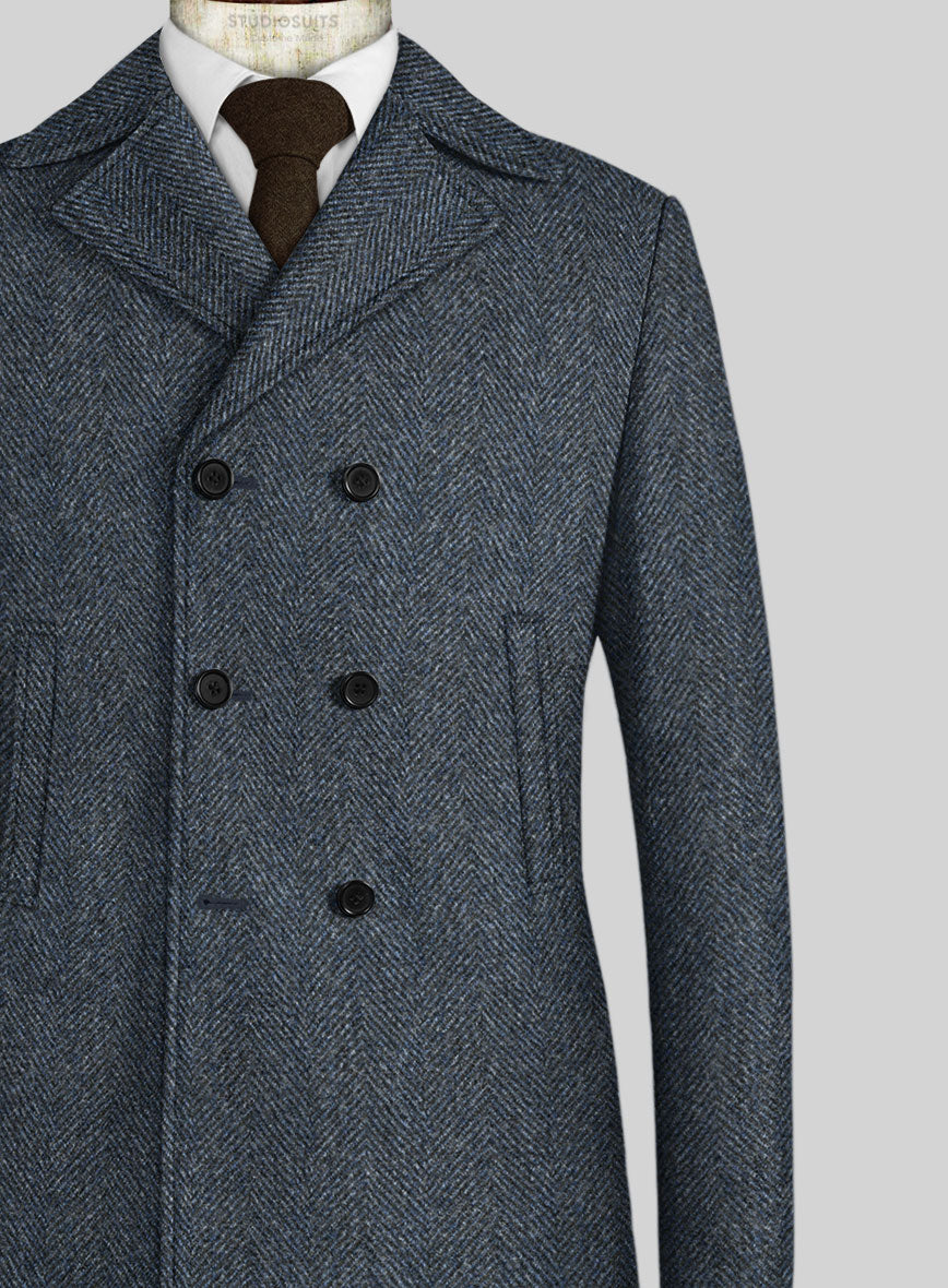 Harris Tweed Wide Herringbone Blue Pea Coat - StudioSuits