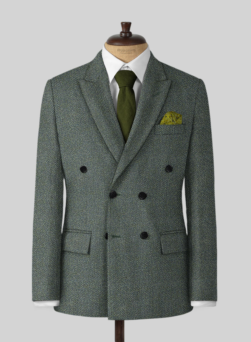 Harris Tweed Wide Herringbone Green Double Breasted Jacket - StudioSuits