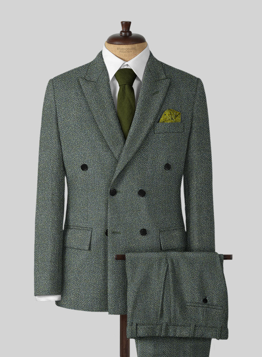 Harris Tweed Wide Herringbone Green Double Breasted Suit - StudioSuits