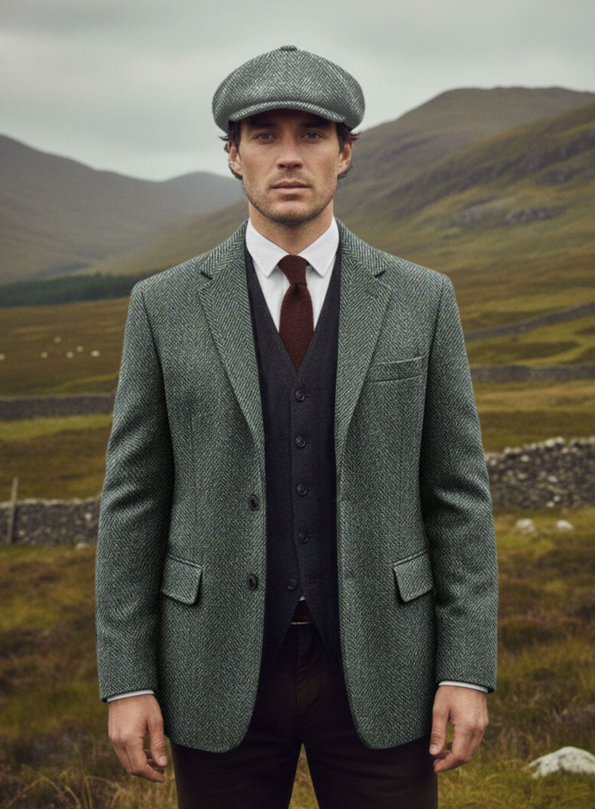 Harris Tweed Wide Herringbone Green Jacket - StudioSuits