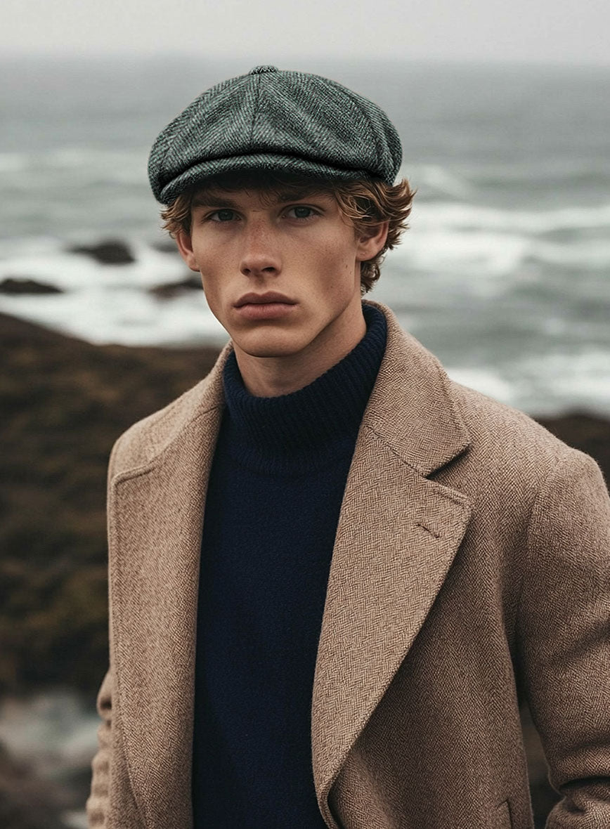 Harris Tweed Wide Herringbone Green Newsboy Cap - StudioSuits
