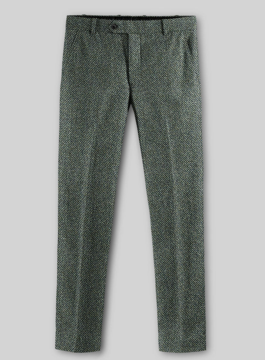 Harris Tweed Wide Herringbone Green Pants - StudioSuits