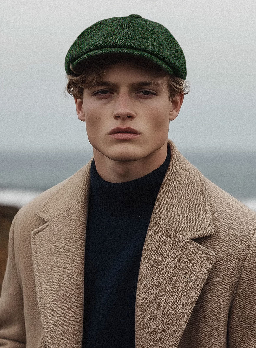Harris Tweed Wide Herringbone Royal Green Newsboy Cap - StudioSuits