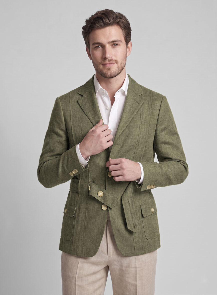 Henrik Belted Campari Rustic Green Linen Jacket - StudioSuits