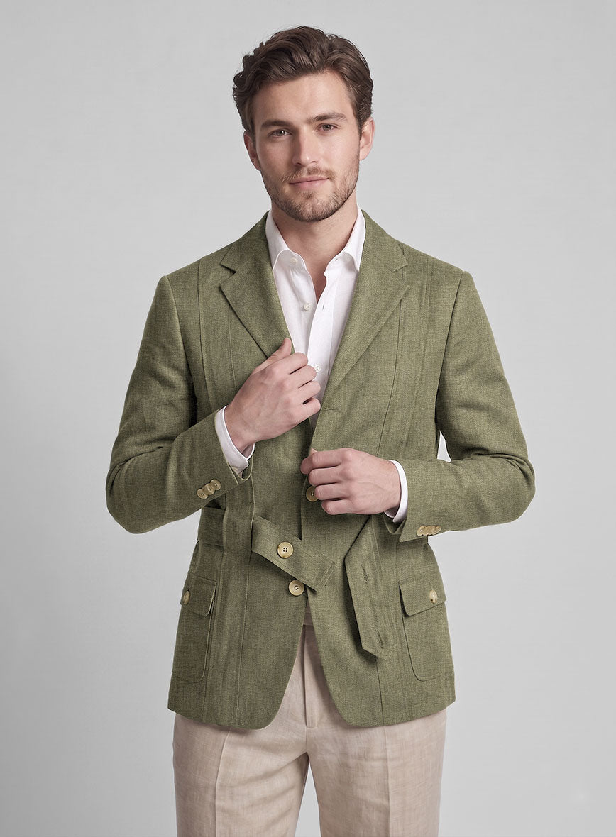Henrik Belted Campari Rustic Green Linen Jacket - StudioSuits