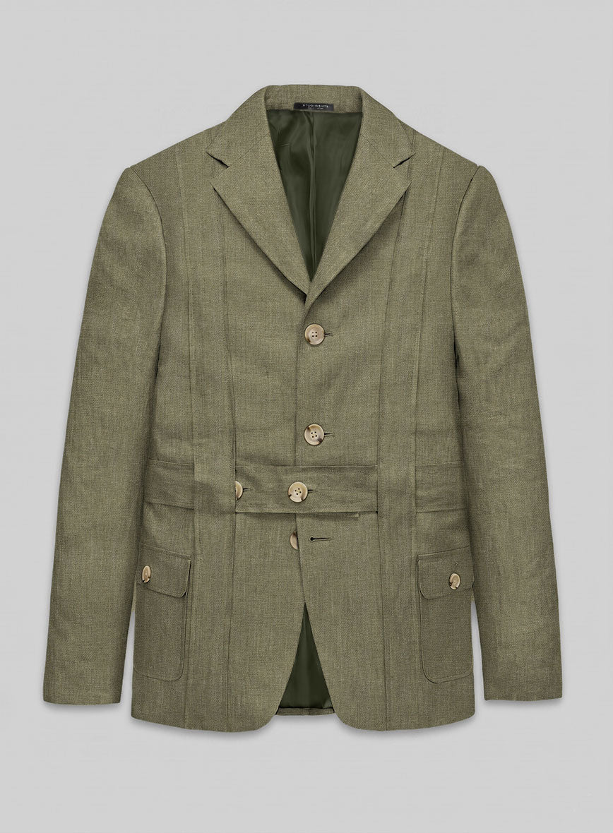 Henrik Belted Campari Rustic Green Linen Jacket - StudioSuits