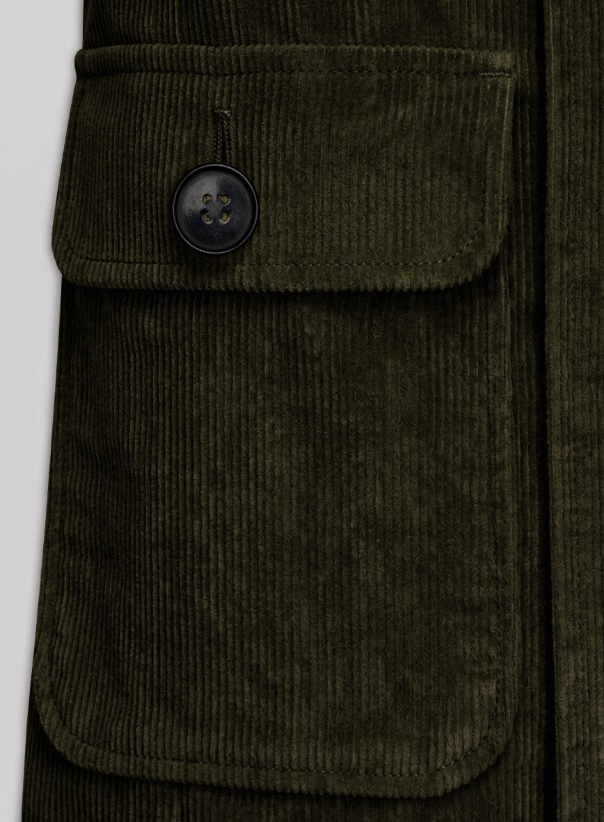 Henrik Belted Olive Green Stretch Corduroy Jacket - StudioSuits