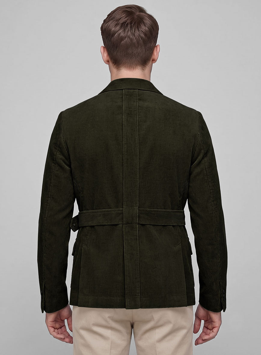 Henrik Belted Olive Green Stretch Corduroy Jacket - StudioSuits