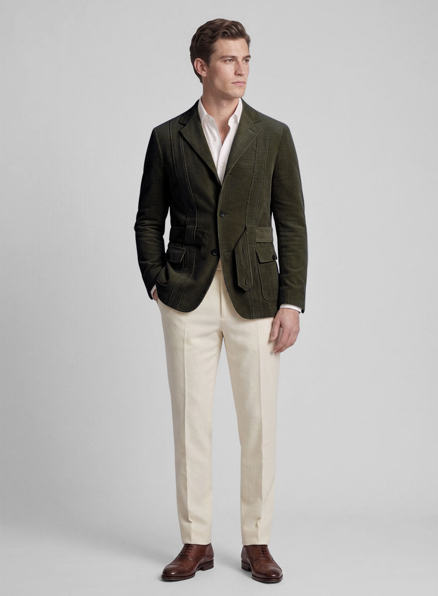 Henrik Belted Olive Green Stretch Corduroy Jacket - StudioSuits