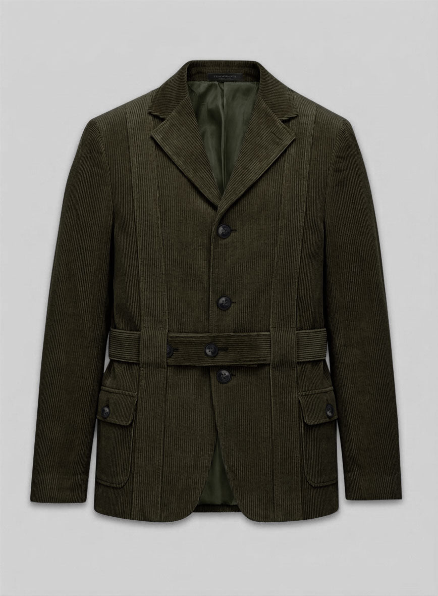 Henrik Belted Olive Green Stretch Corduroy Jacket - StudioSuits