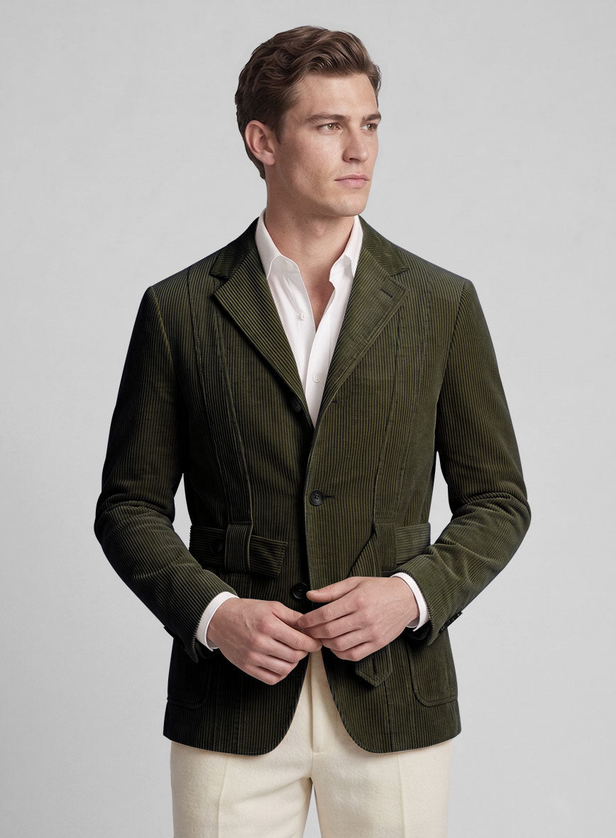 Henrik Belted Olive Green Stretch Corduroy Jacket - StudioSuits