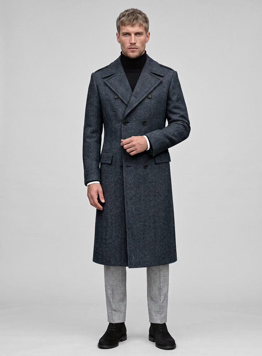 Highlander Heavy Blue Herringbone Tweed GQ Overcoat - StudioSuits