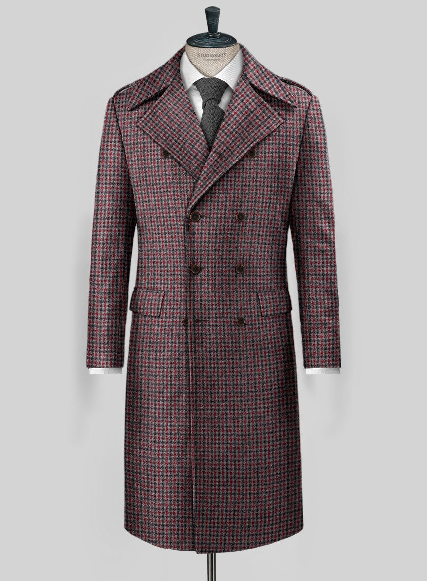Highlander Heavy Maroon Houndstooth Tweed GQ Overcoat - StudioSuits