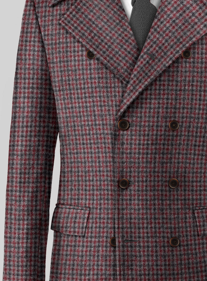 Highlander Heavy Maroon Houndstooth Tweed GQ Overcoat - StudioSuits