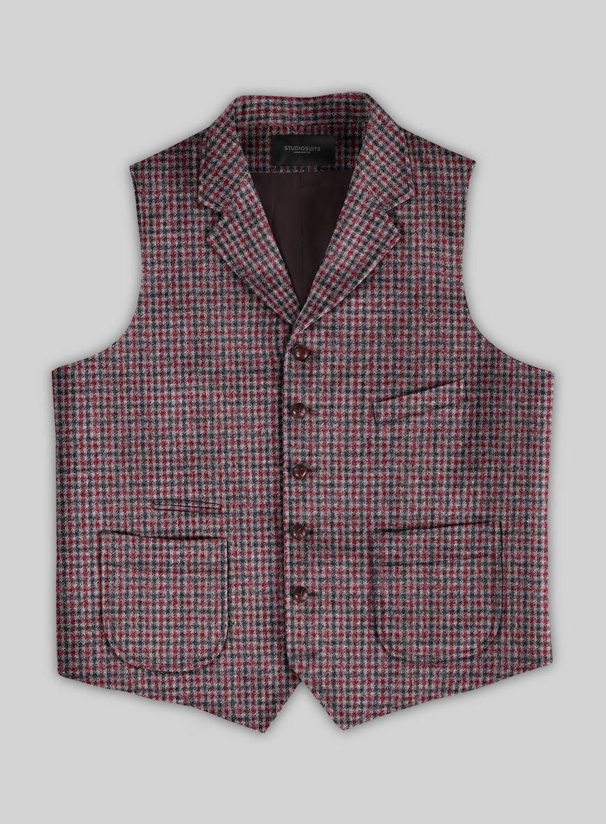 Highlander Heavy Maroon Houndstooth Tweed Hunting Vest - StudioSuits