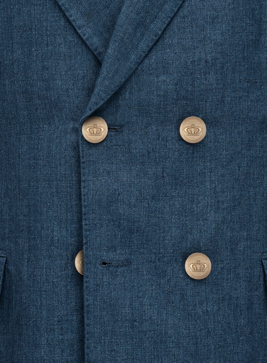 Indigo Blue Linen Double Breasted Suit - Golden Buttons - StudioSuits