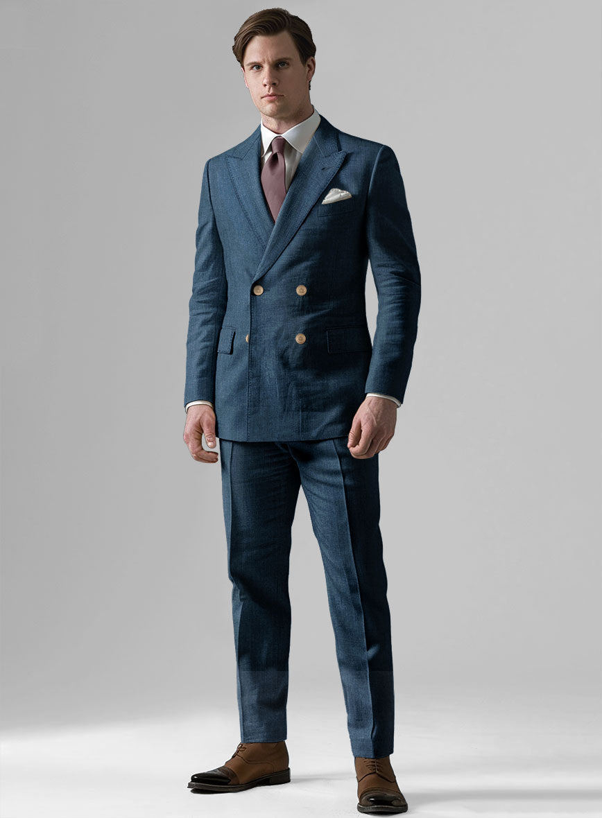 Indigo Blue Linen Double Breasted Suit - Golden Buttons - StudioSuits