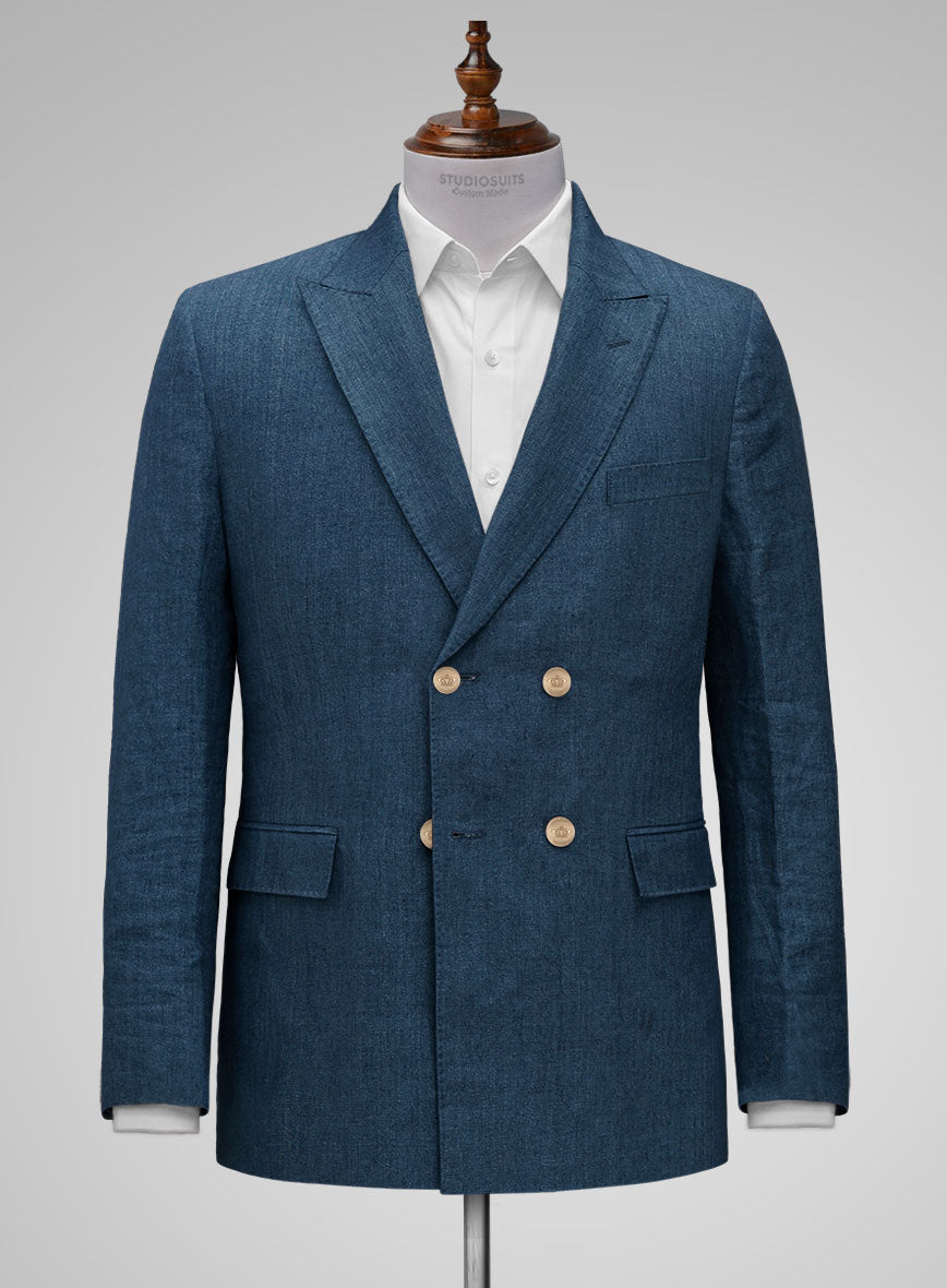 Indigo Blue Linen Double Breasted Suit - Golden Buttons - StudioSuits