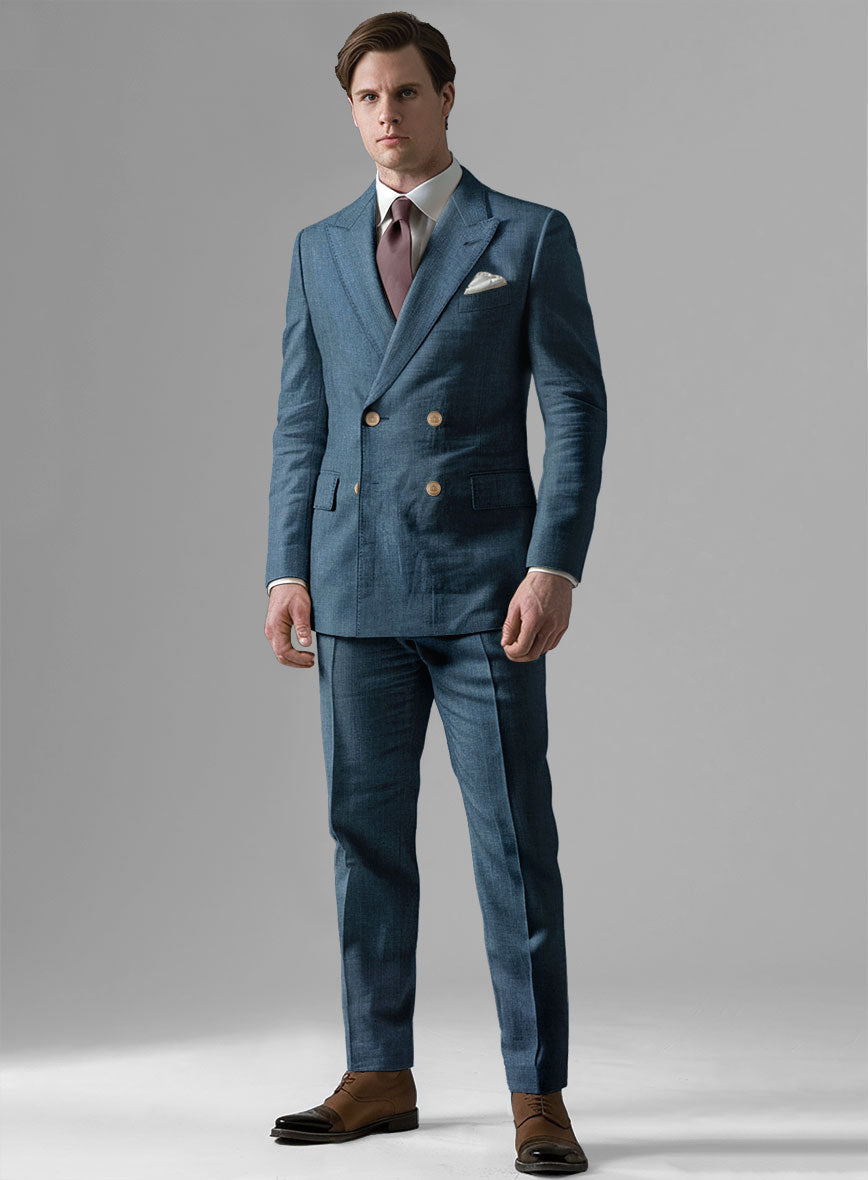 Indigo Blue Linen Double Breasted Suit - Golden Buttons - StudioSuits
