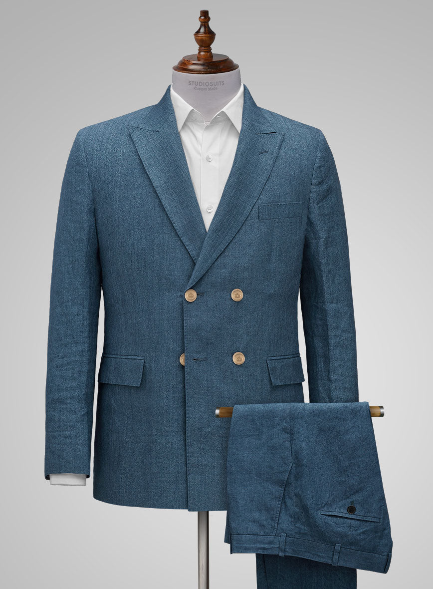 Indigo Blue Linen Double Breasted Suit - Golden Buttons - StudioSuits