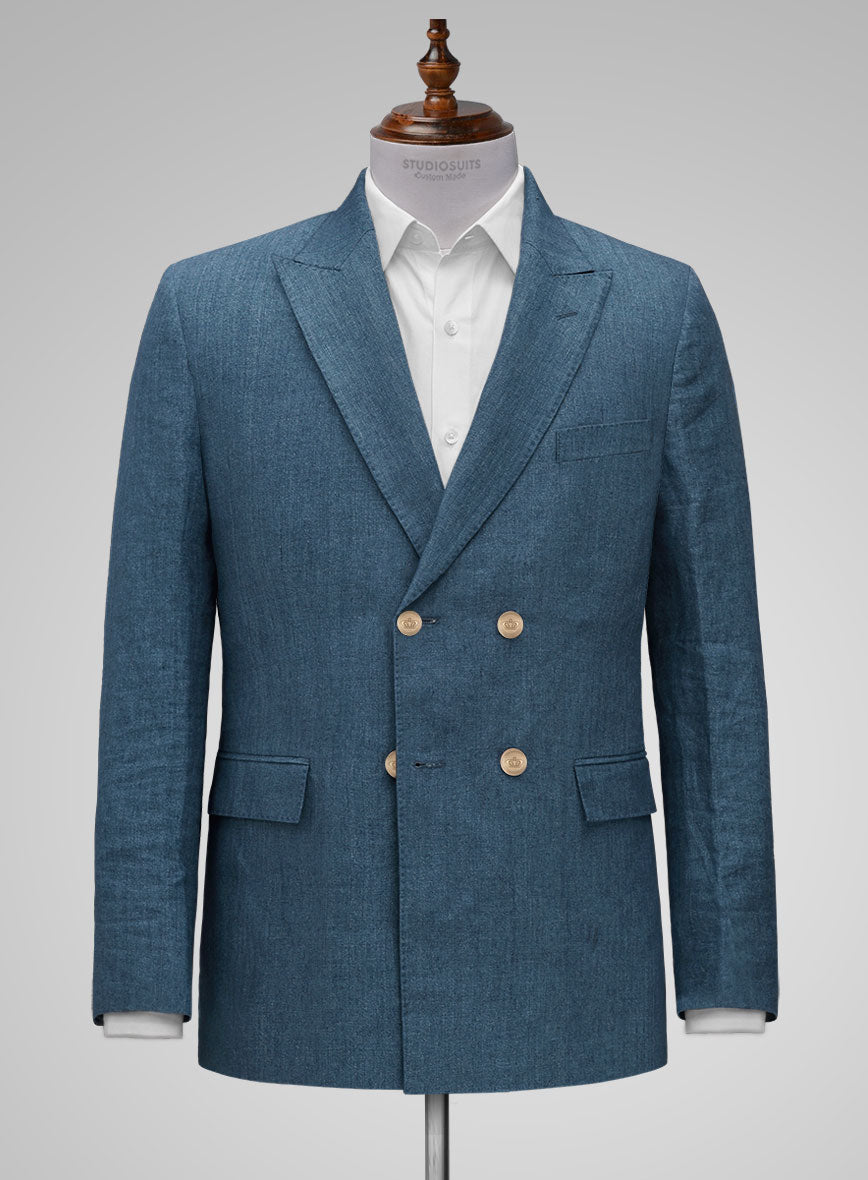 Indigo Blue Linen Double Breasted Suit - Golden Buttons - StudioSuits