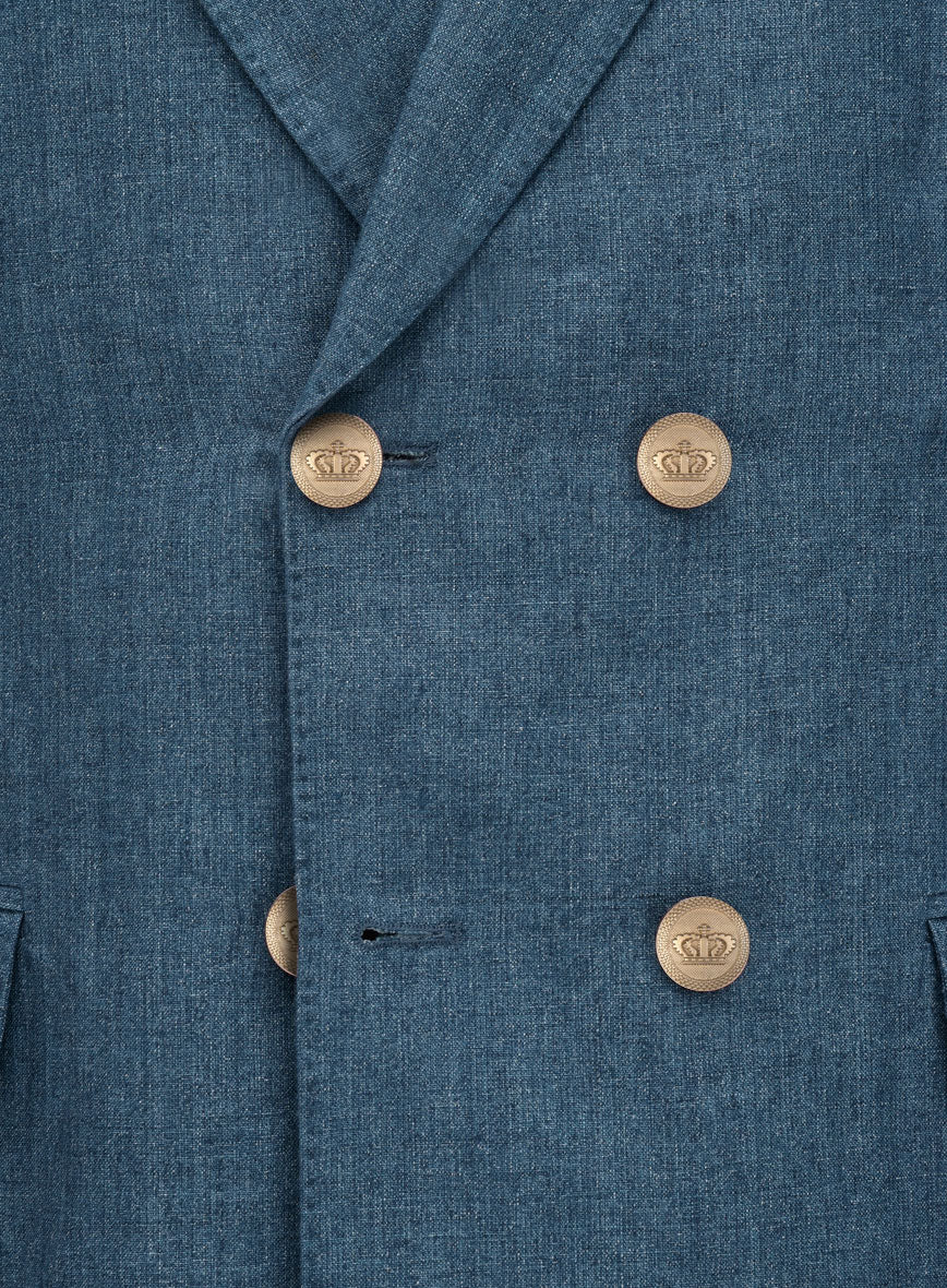 Indigo Blue Linen Double Breasted Suit - Golden Buttons - StudioSuits