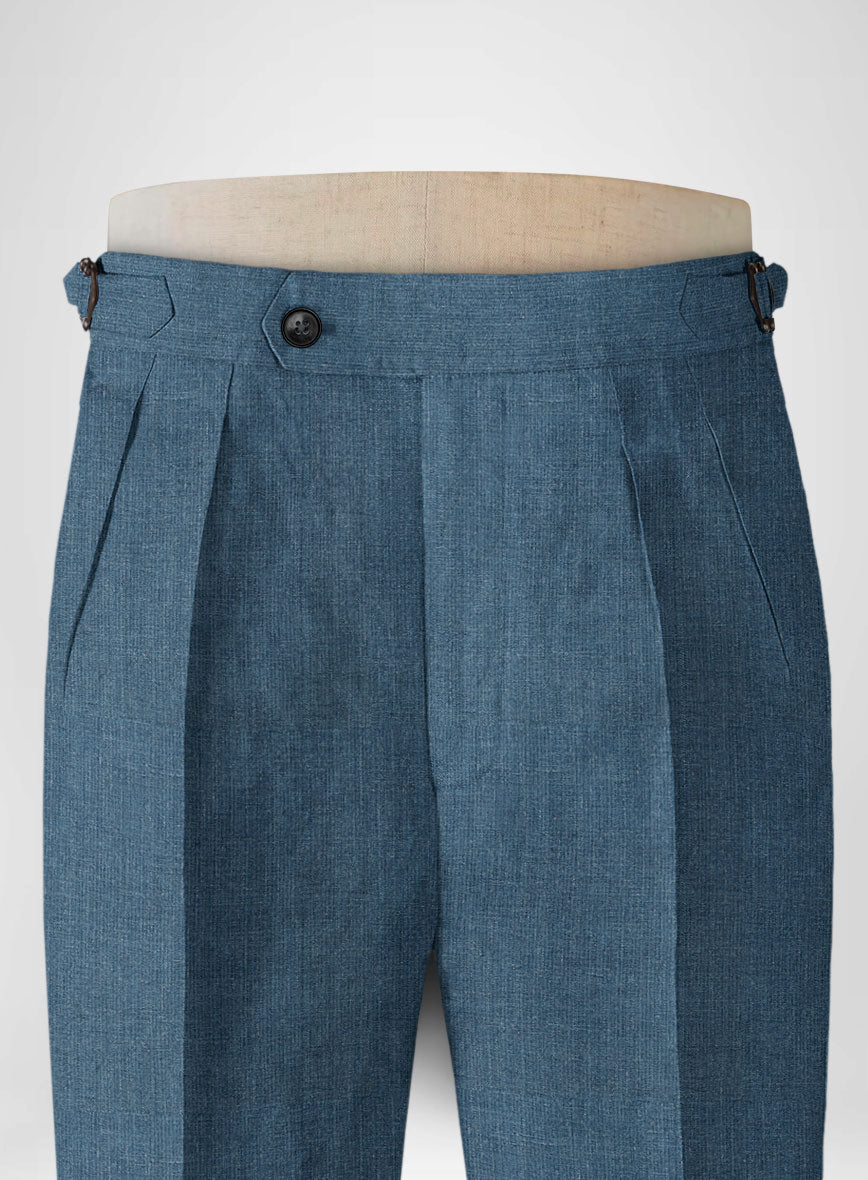 Indigo Blue Pure Linen Highland Trousers - StudioSuits